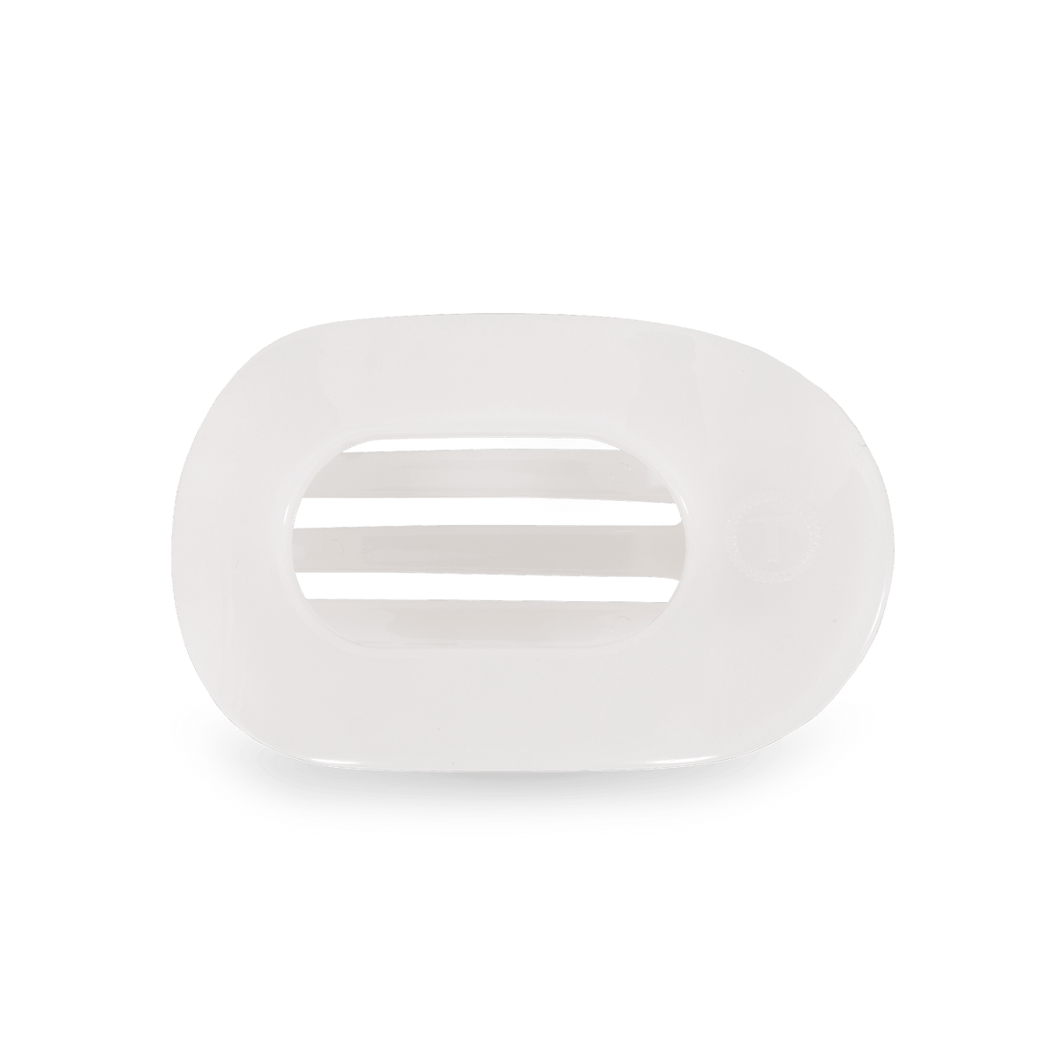 Small flat round hair clip, white plastic oval opening