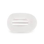 Small flat round hair clip, white plastic oval opening