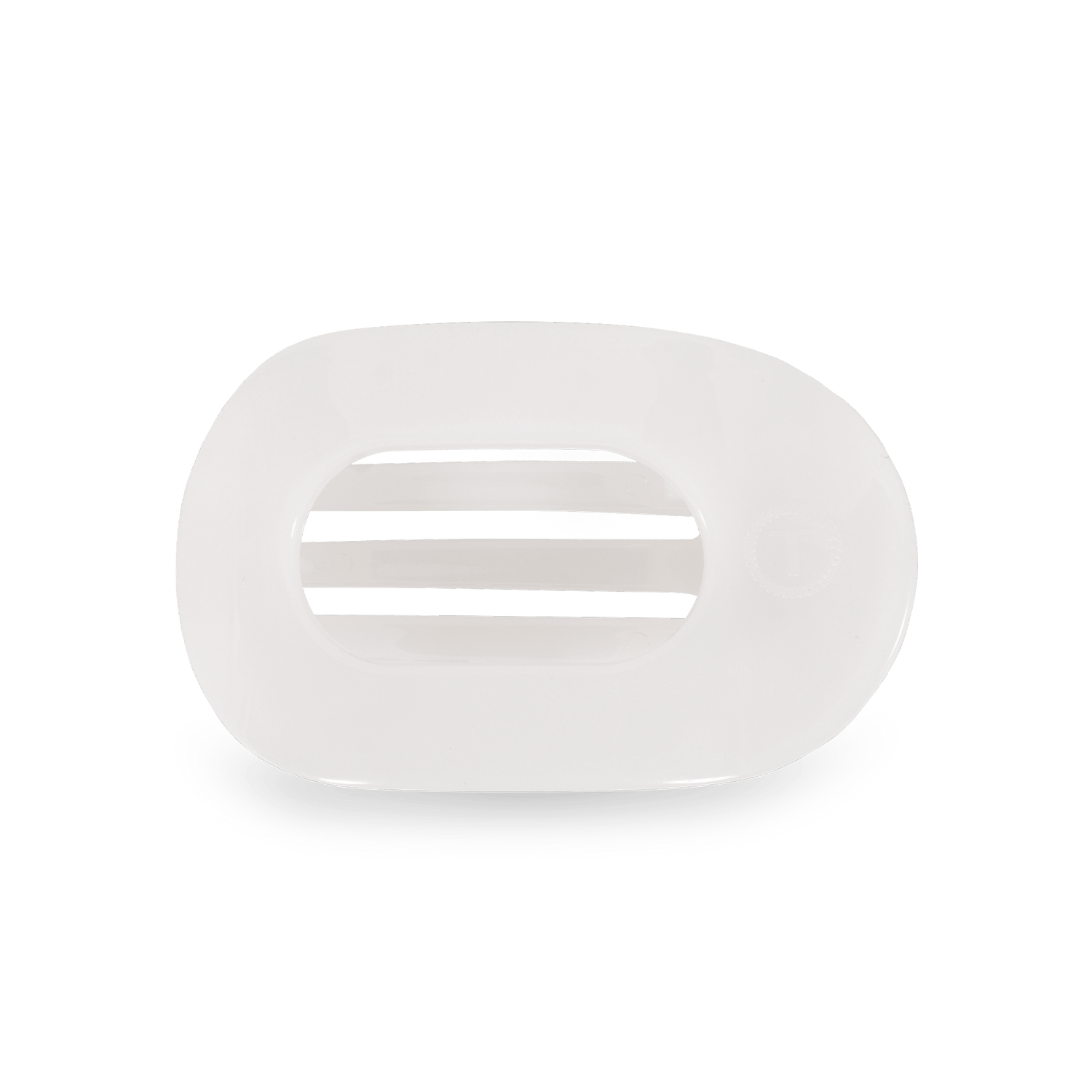Small flat round hair clip, white plastic oval opening