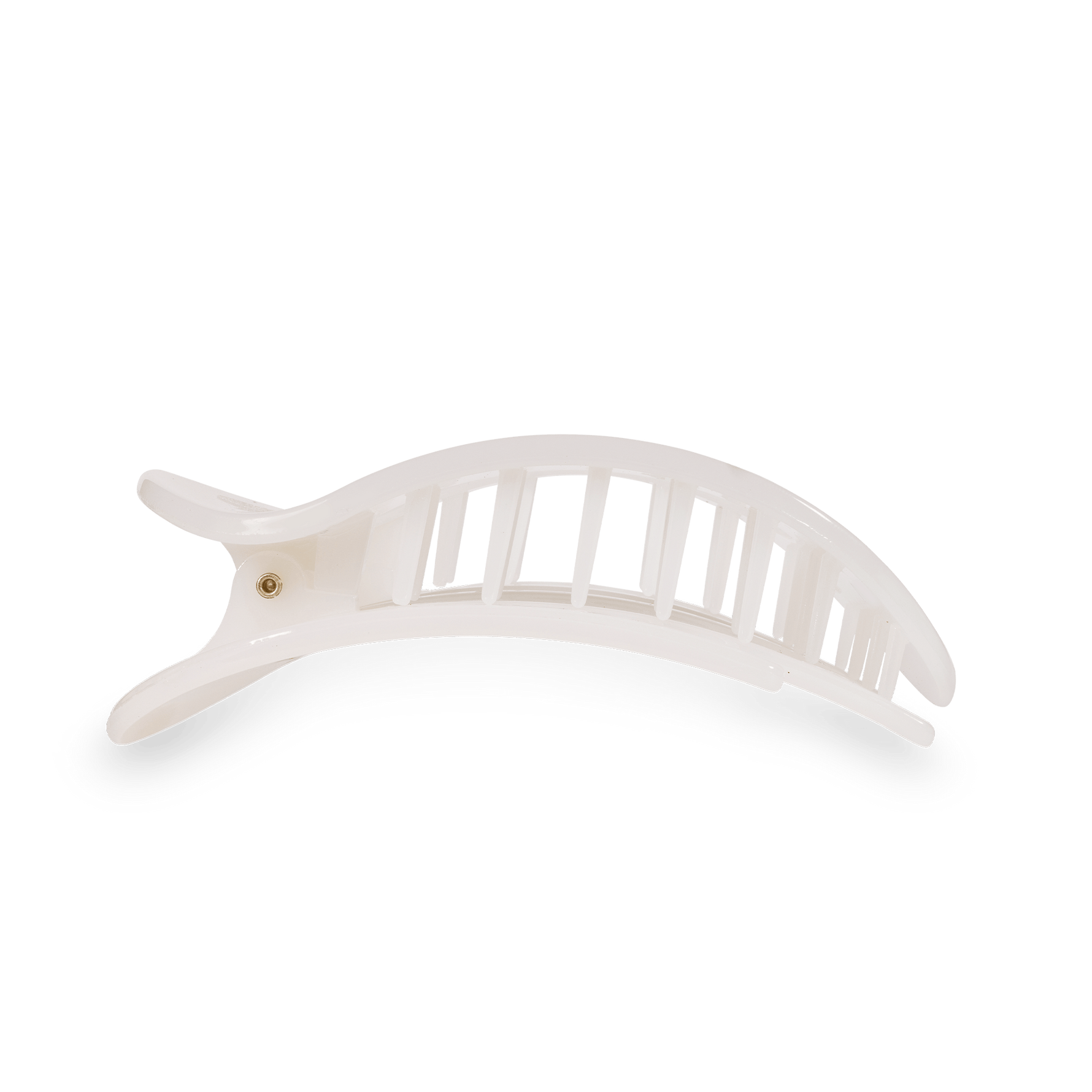 White curved plastic hair clip with open comb teeth