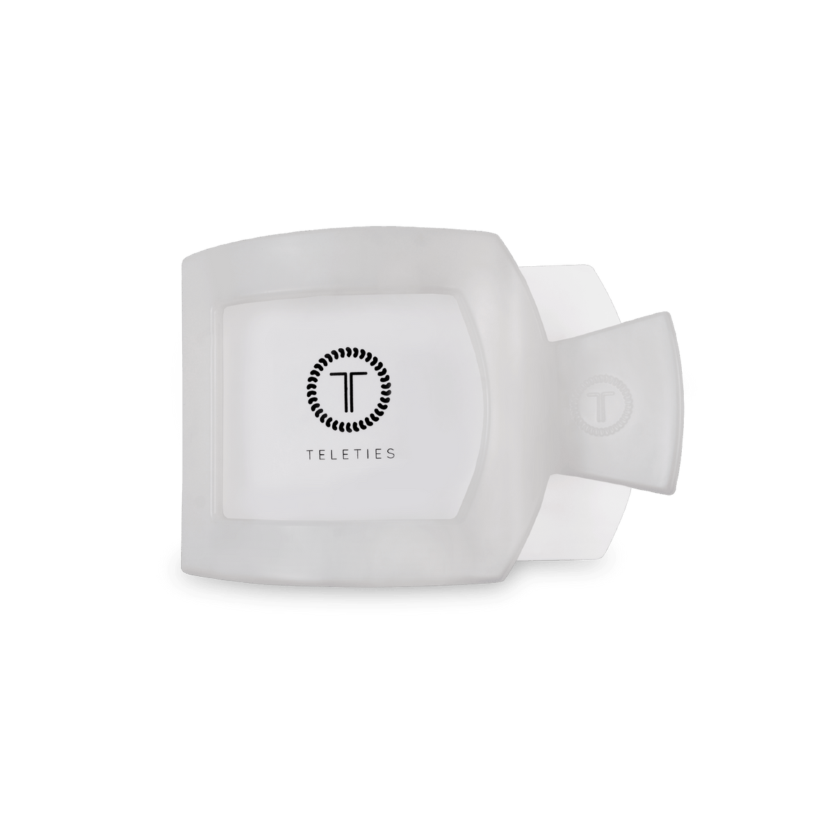 White flat square hair clip back with TELETIES logo