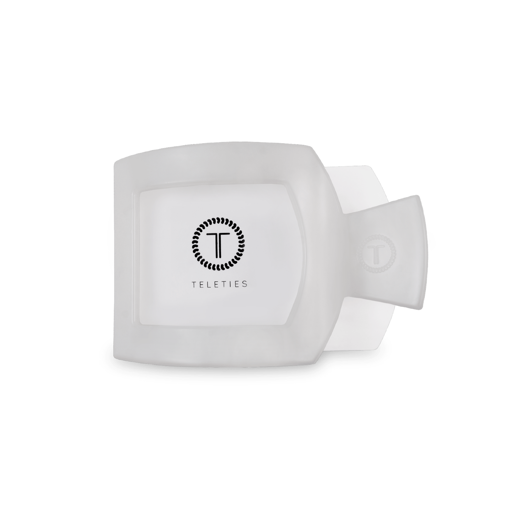 White flat square hair clip back with TELETIES logo