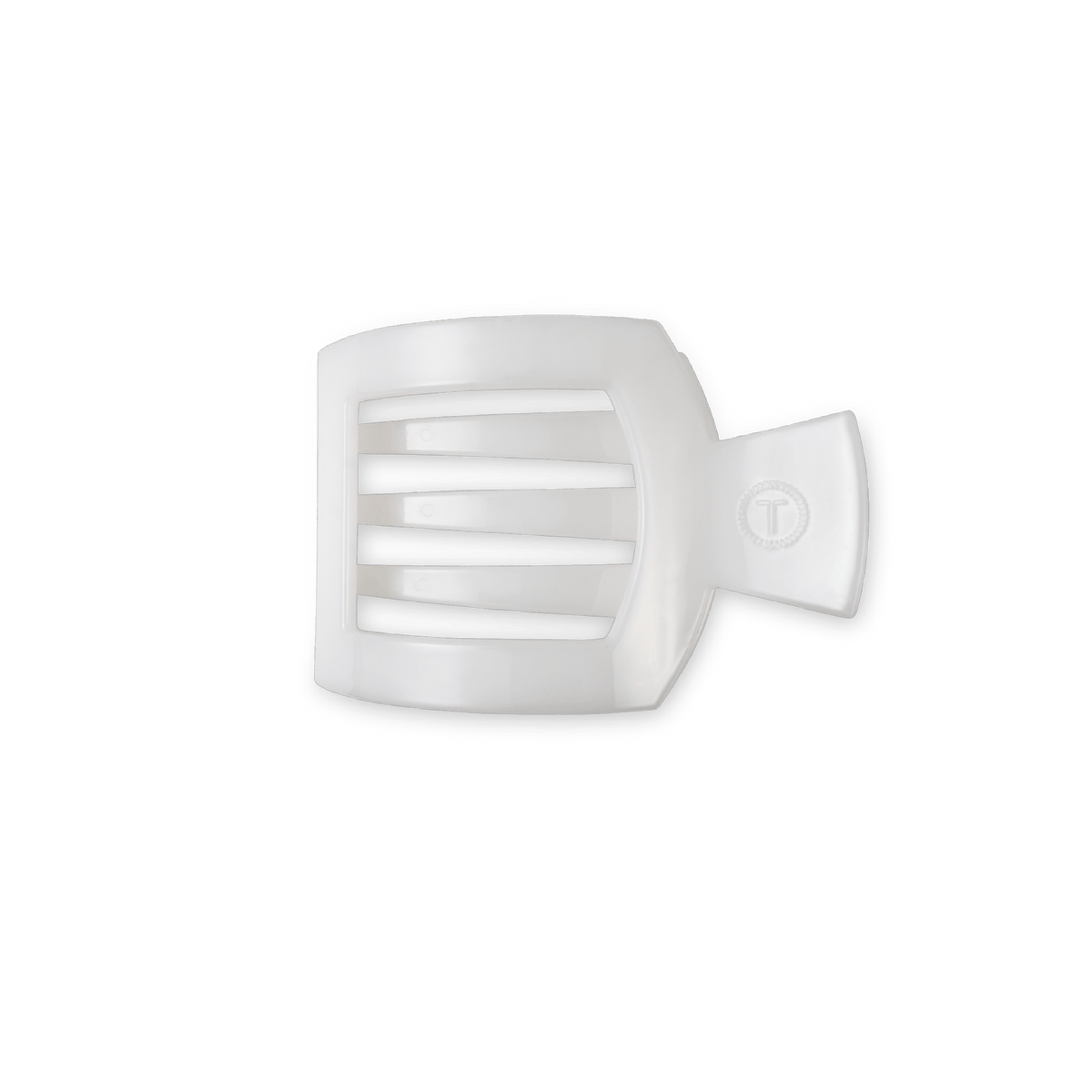 White flat square hair clip with black horizontal stripe detail