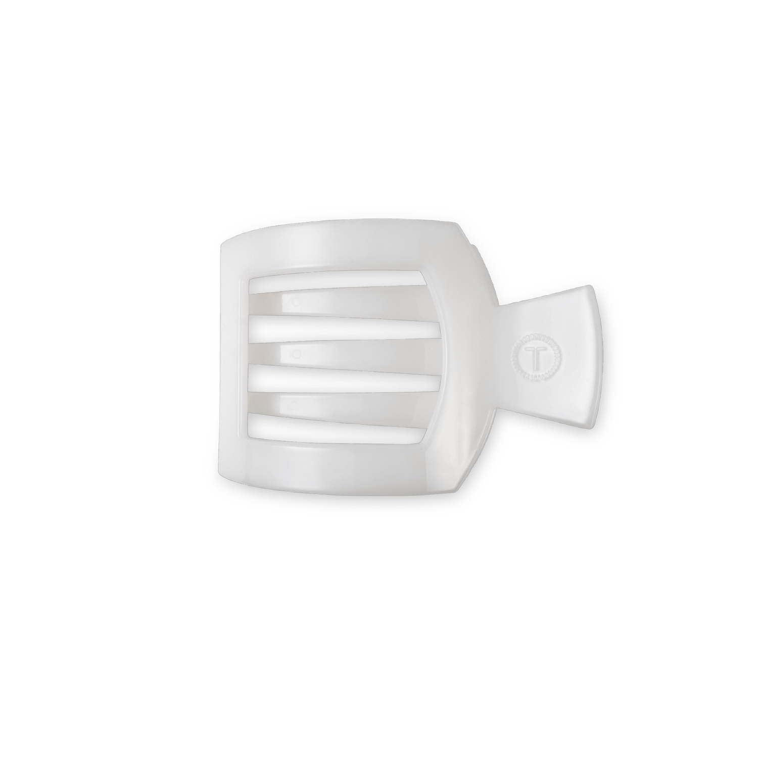 White flat square hair clip with black horizontal stripe detail