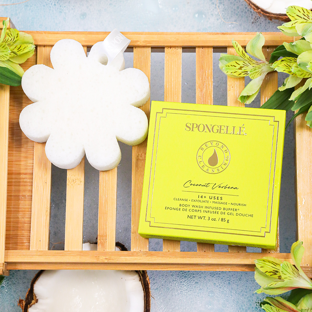 Coconut Verbena boxed flower bath sponge with yellow gift box