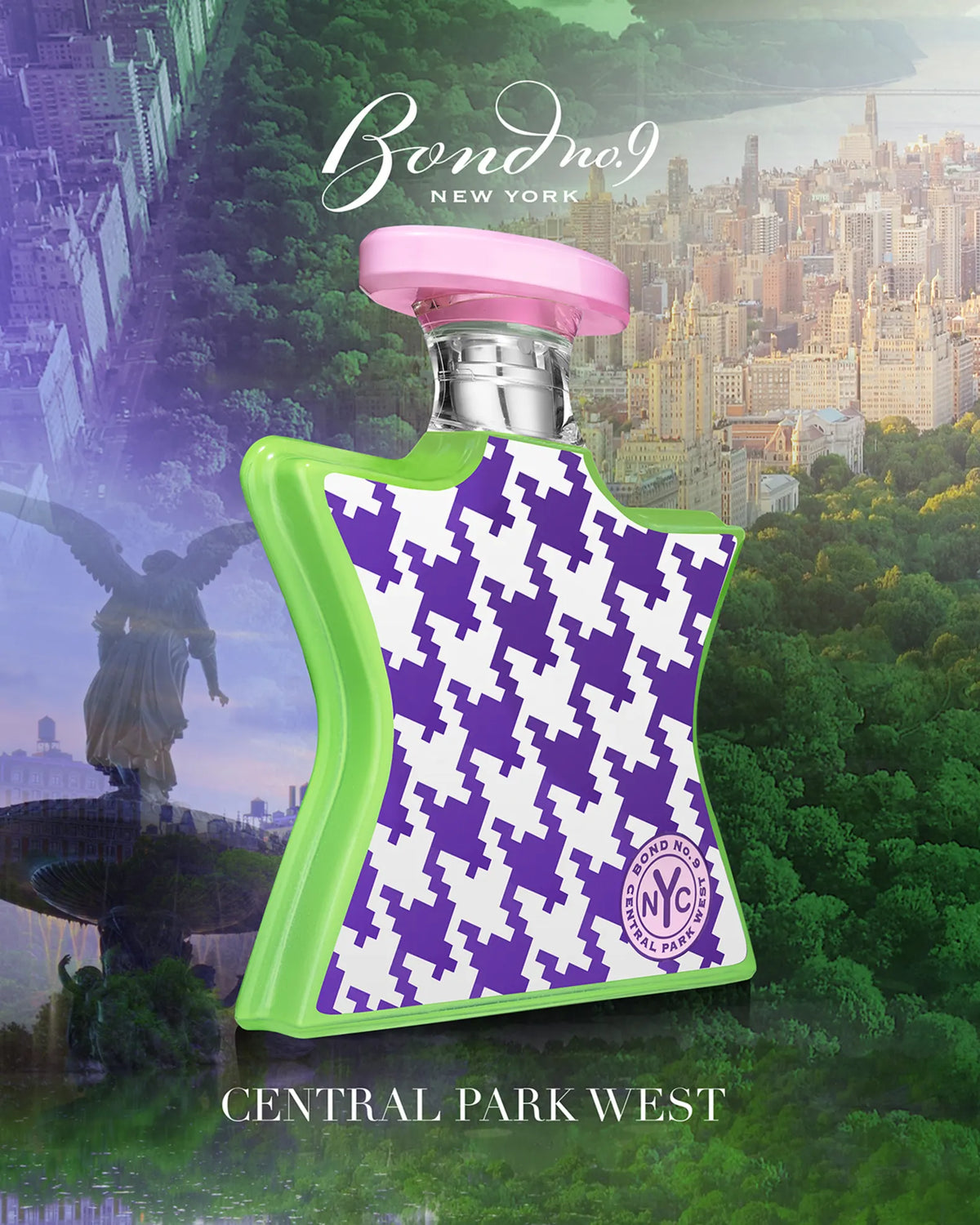 Bond No.9 Central Park West eau de parfum bottle, green glass with purple-white geometric print