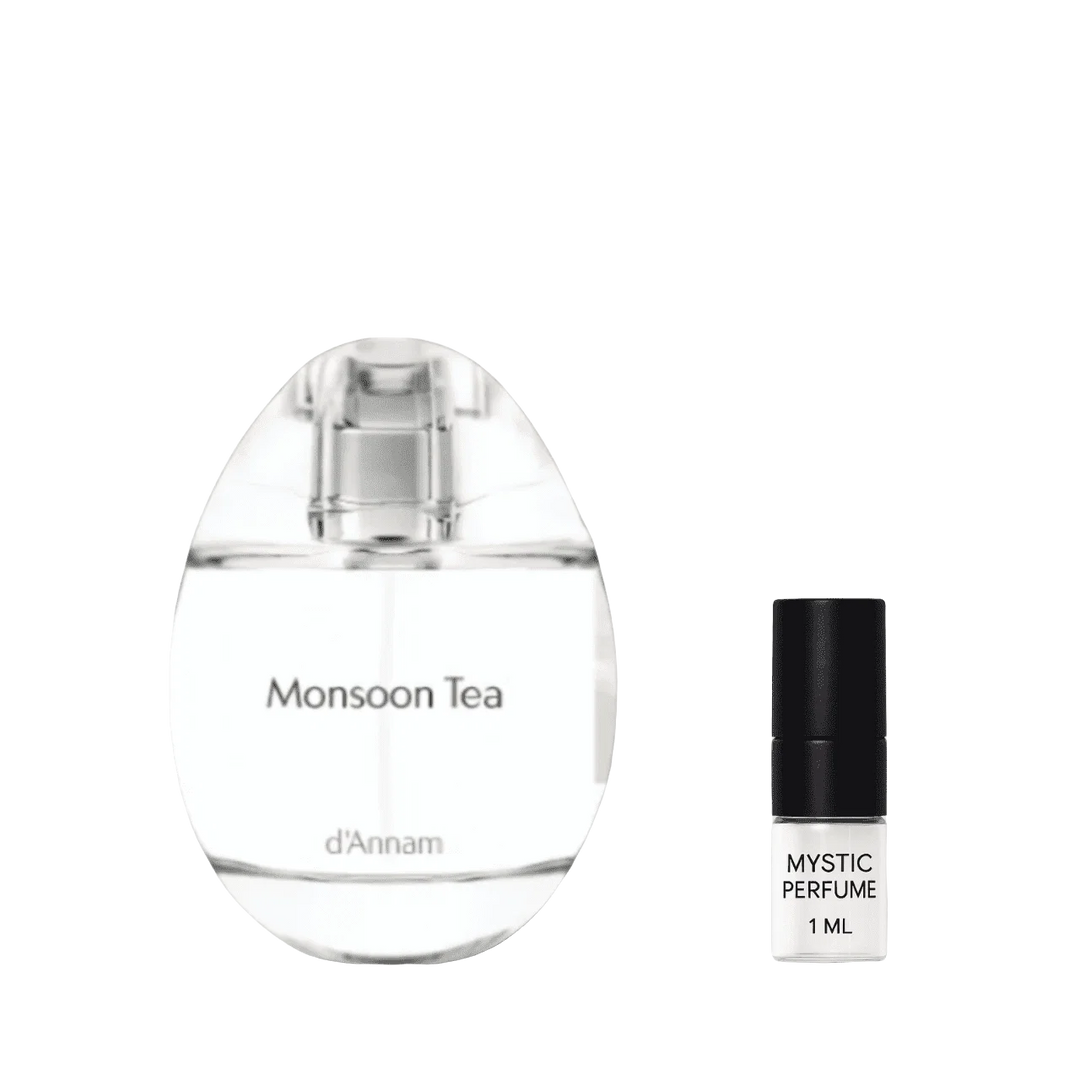 Monsoon Tea perfume bottle with dark-capped Mystic Perfume vial, 1 mL