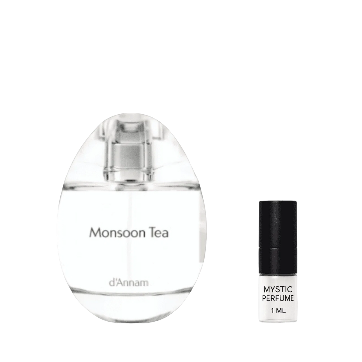 Monsoon Tea perfume bottle with dark-capped Mystic Perfume vial, 1 mL