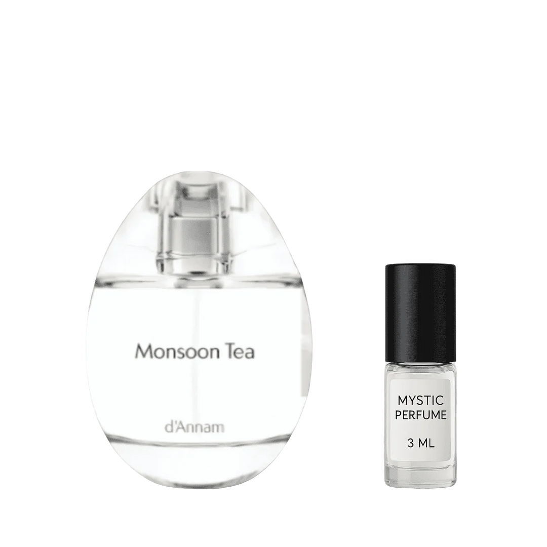 Monsoon Tea perfume bottle with dark-capped Mystic Perfume vial, 3 mL