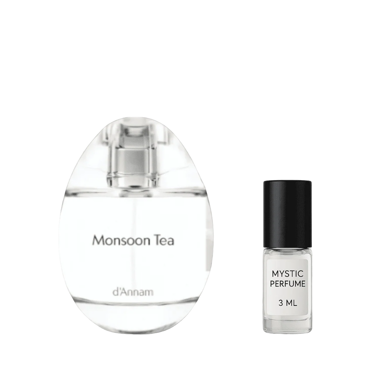 Monsoon Tea perfume bottle with dark-capped Mystic Perfume vial, 3 mL