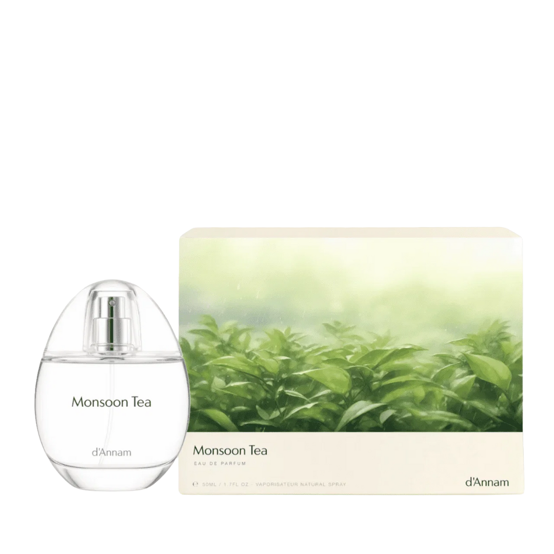 Perfume bottle with Monsoon Tea label and matching tea-scented gift box