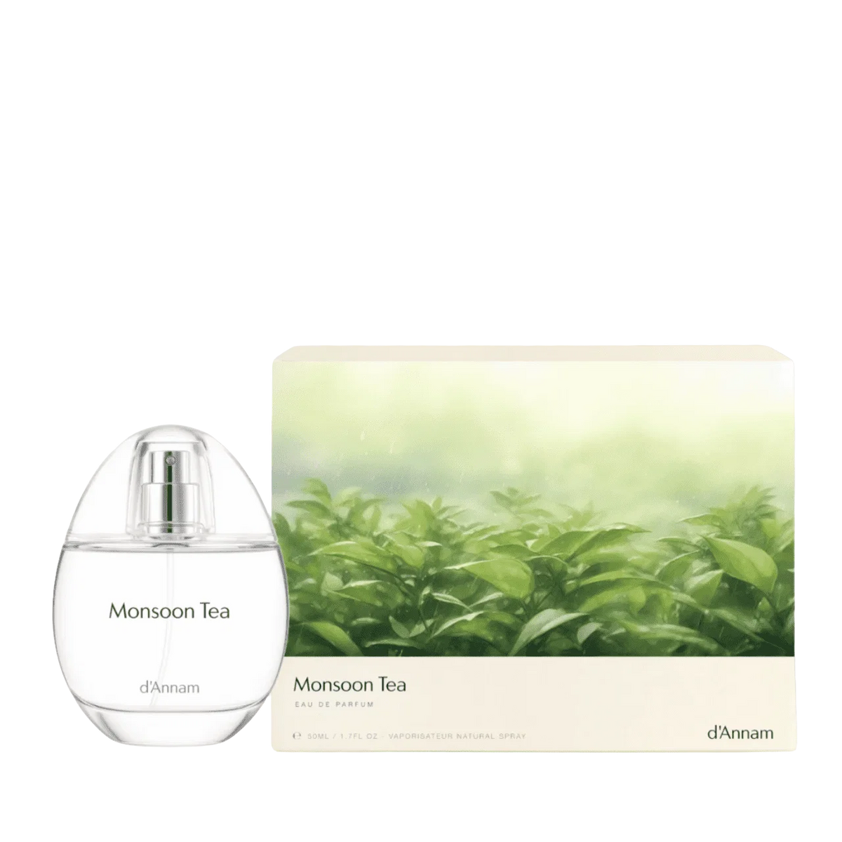 Perfume bottle with Monsoon Tea label and matching tea-scented gift box
