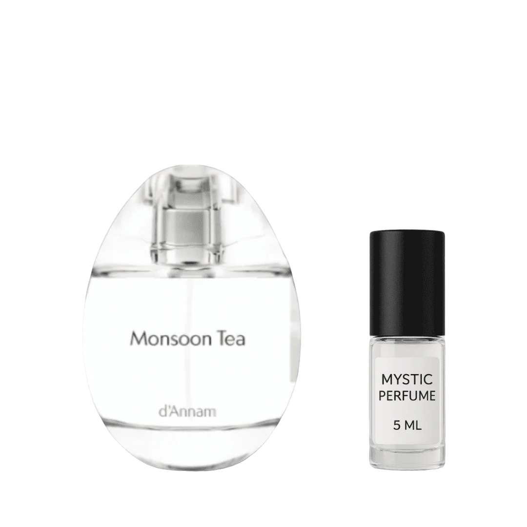 Monsoon Tea perfume bottle with dark-capped Mystic Perfume vial, 5 mL