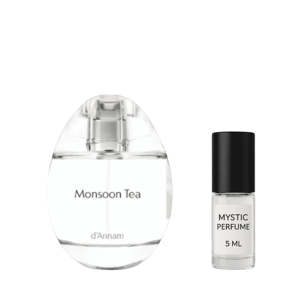 Monsoon Tea perfume bottle with dark-capped Mystic Perfume vial, 5 mL