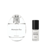 Monsoon Tea perfume bottle with dark-capped Mystic Perfume vial, 5 mL