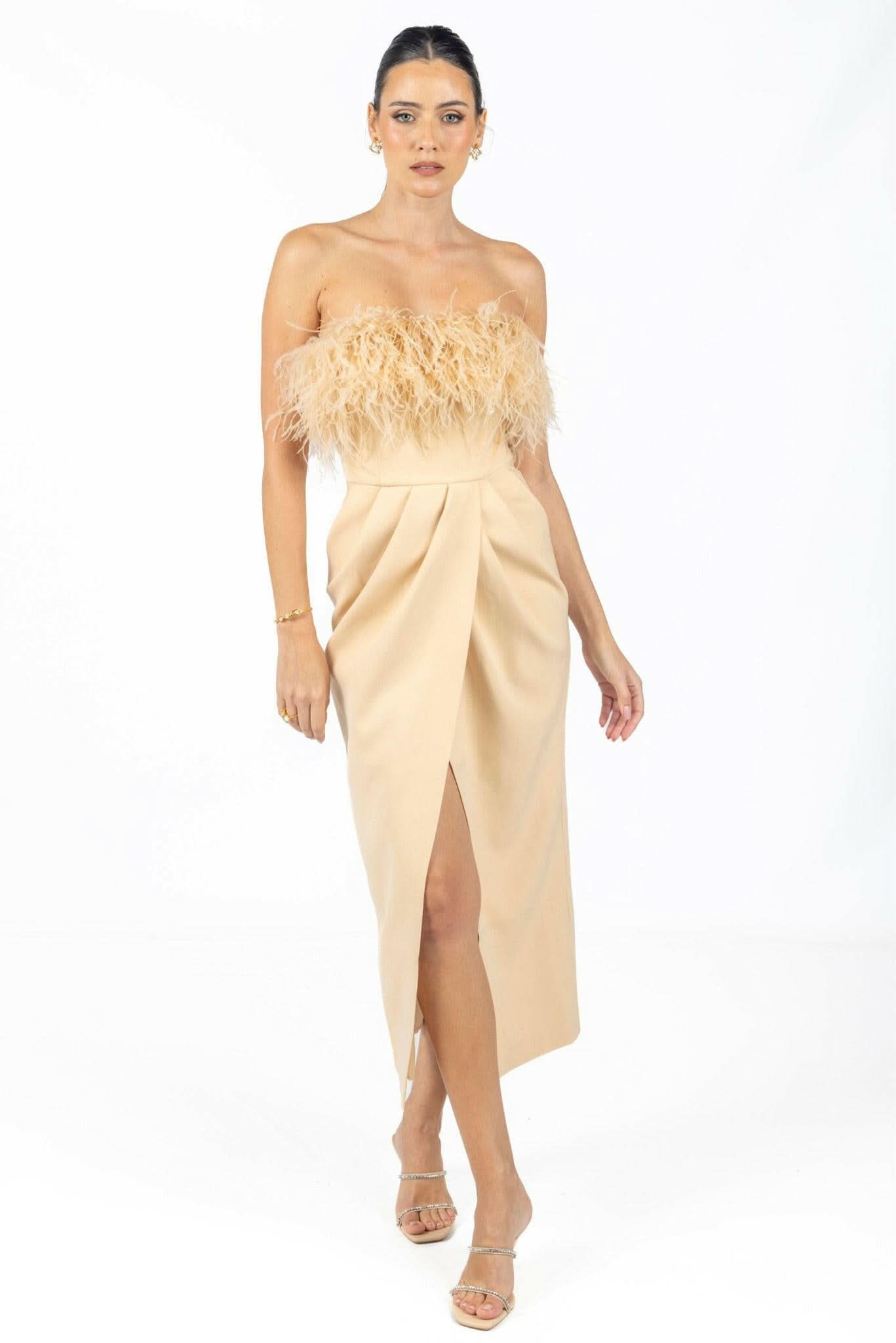 Beige strapless midi dress with feather trim bodice and side slit
