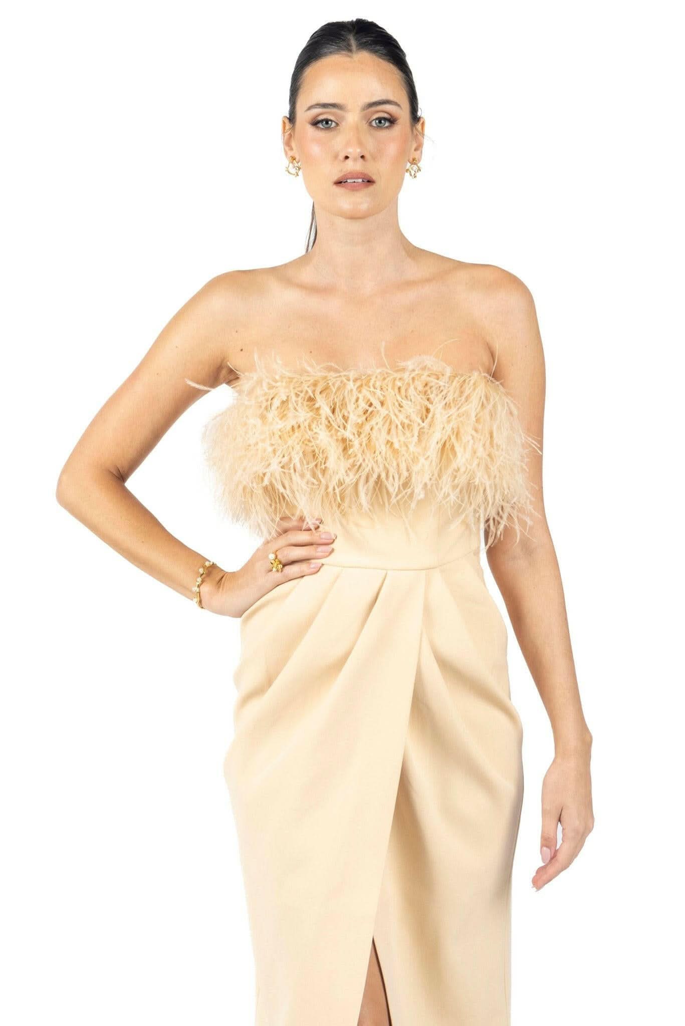 Beige strapless midi dress with fluffy feather bandeau and draped waist