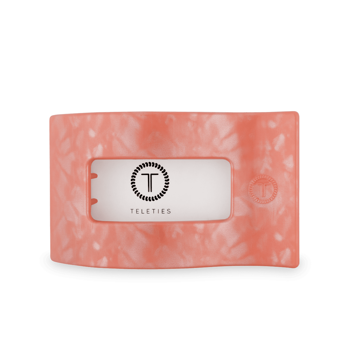 Coral-pink flat rectangle hair clip with a white inner card insert