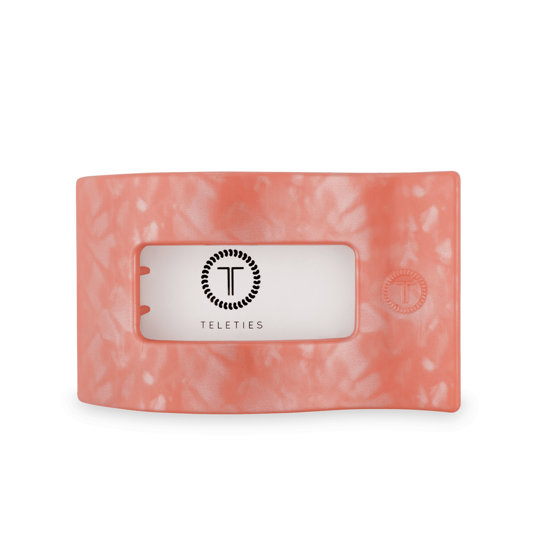Coral-pink flat rectangle hair clip with a white inner card insert