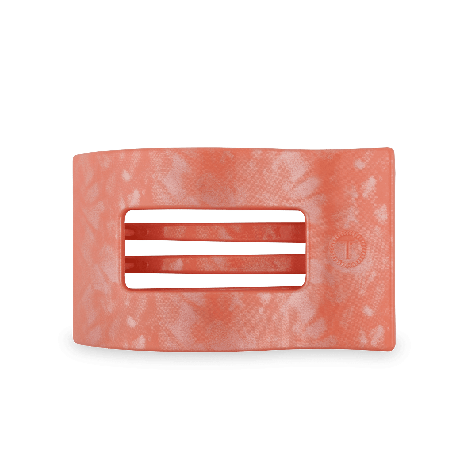 Coral-pink marbled flat rectangle hair clip with two horizontal slots