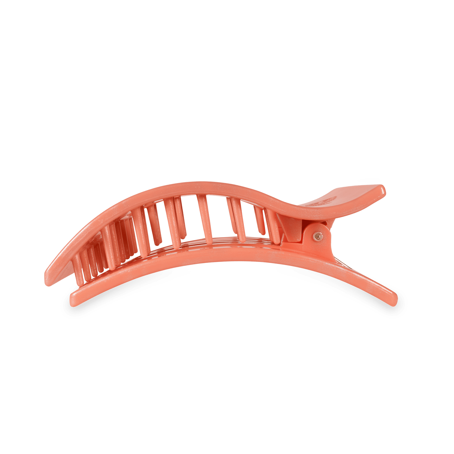Coral-pink hinged claw hair clip with ridged teeth