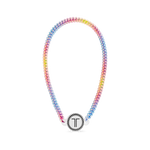 Beaded rainbow headband with round white T charm at front center