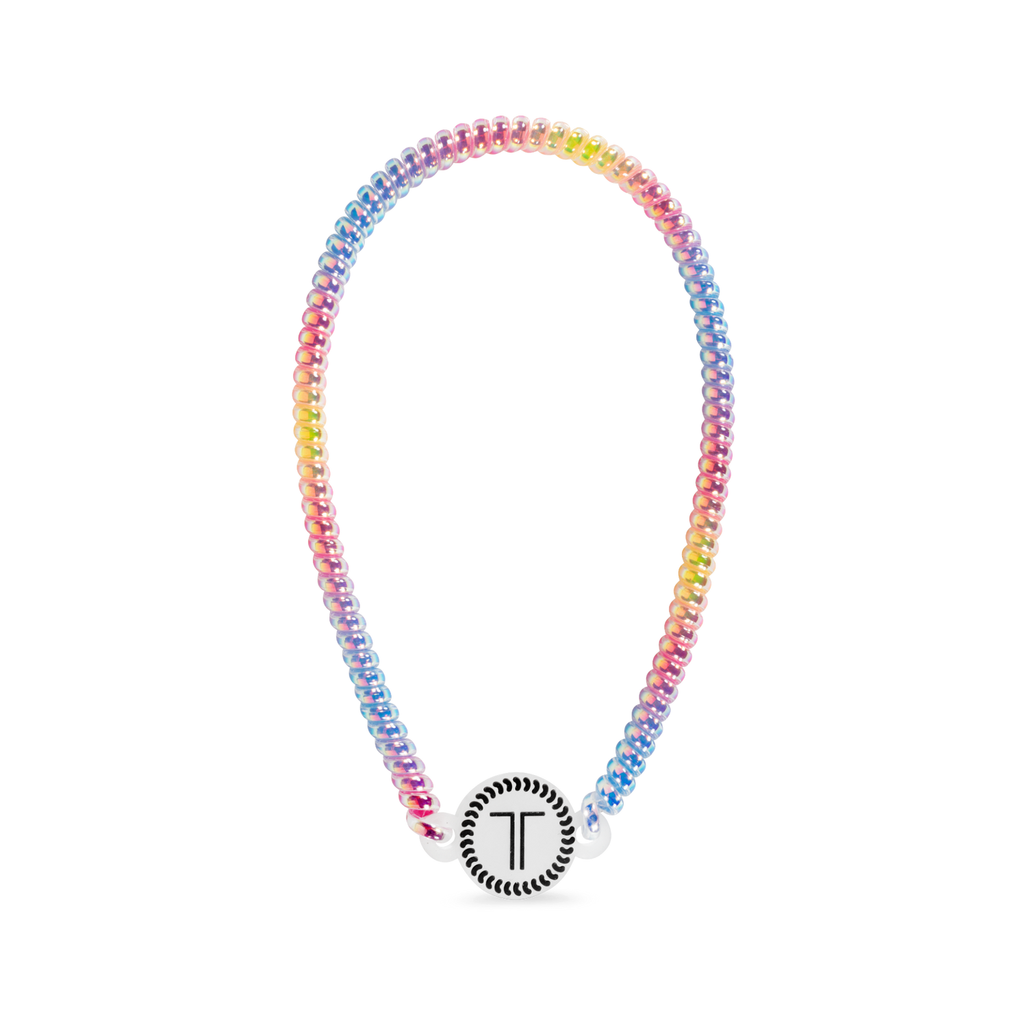 Beaded rainbow headband with round white T charm at front center