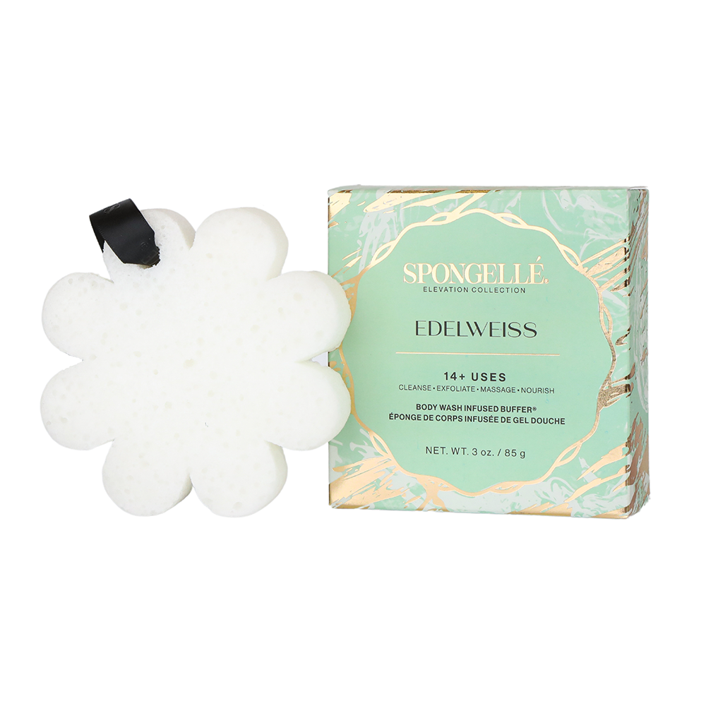 Flower-shaped body sponge with black ribbon strap beside mint boxed set
