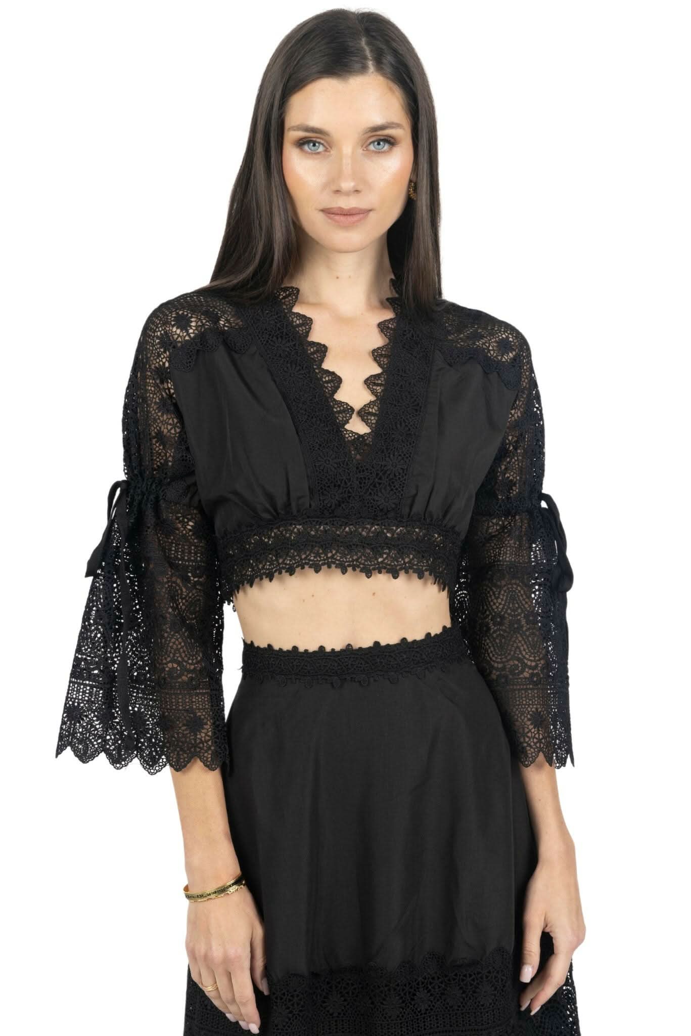 Black lace long-sleeve crop top with deep V neckline and matching maxi skirt set