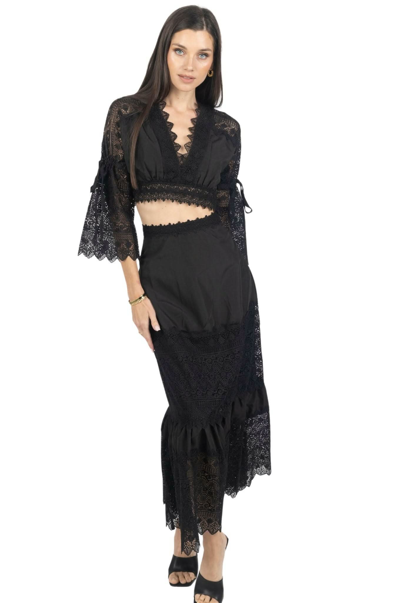 Black lace long-sleeve top and maxi skirt set with layered ruffle hem detail