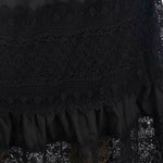 Close-up of black guipure lace and ruffled trim on the maxi skirt hem