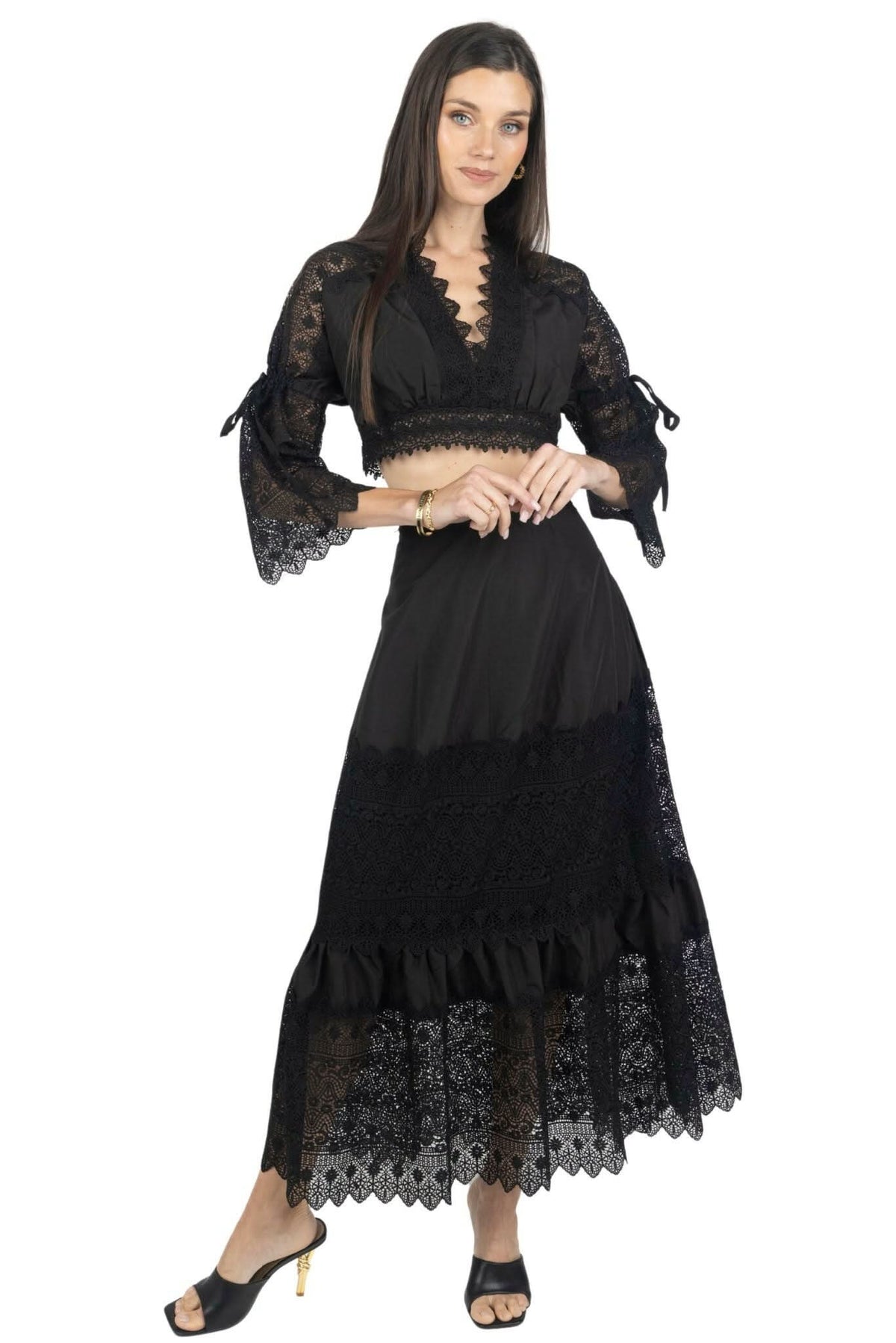 Black lace crop top and maxi skirt set with flared sleeves and tiered skirt lace