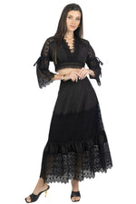 Black lace crop top and maxi skirt set with flared sleeves and tiered skirt lace