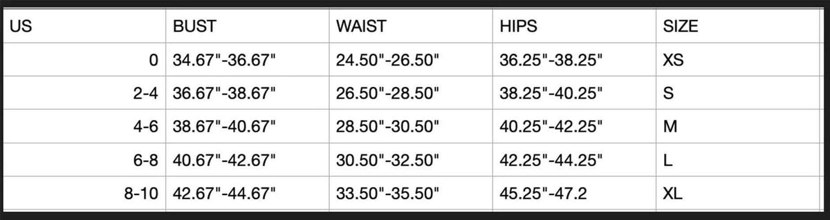 Size chart table with US bust, waist, hips measurements and size labels