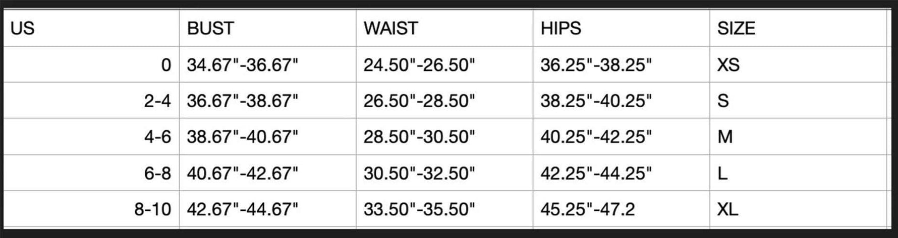 Size chart table with US bust, waist, hips measurements and size labels