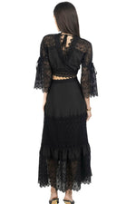 Black lace long-sleeve crop top and maxi skirt set, back view with V-style lace