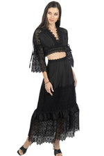 Black lace crop top and maxi skirt set with scalloped trim and flared skirt hem