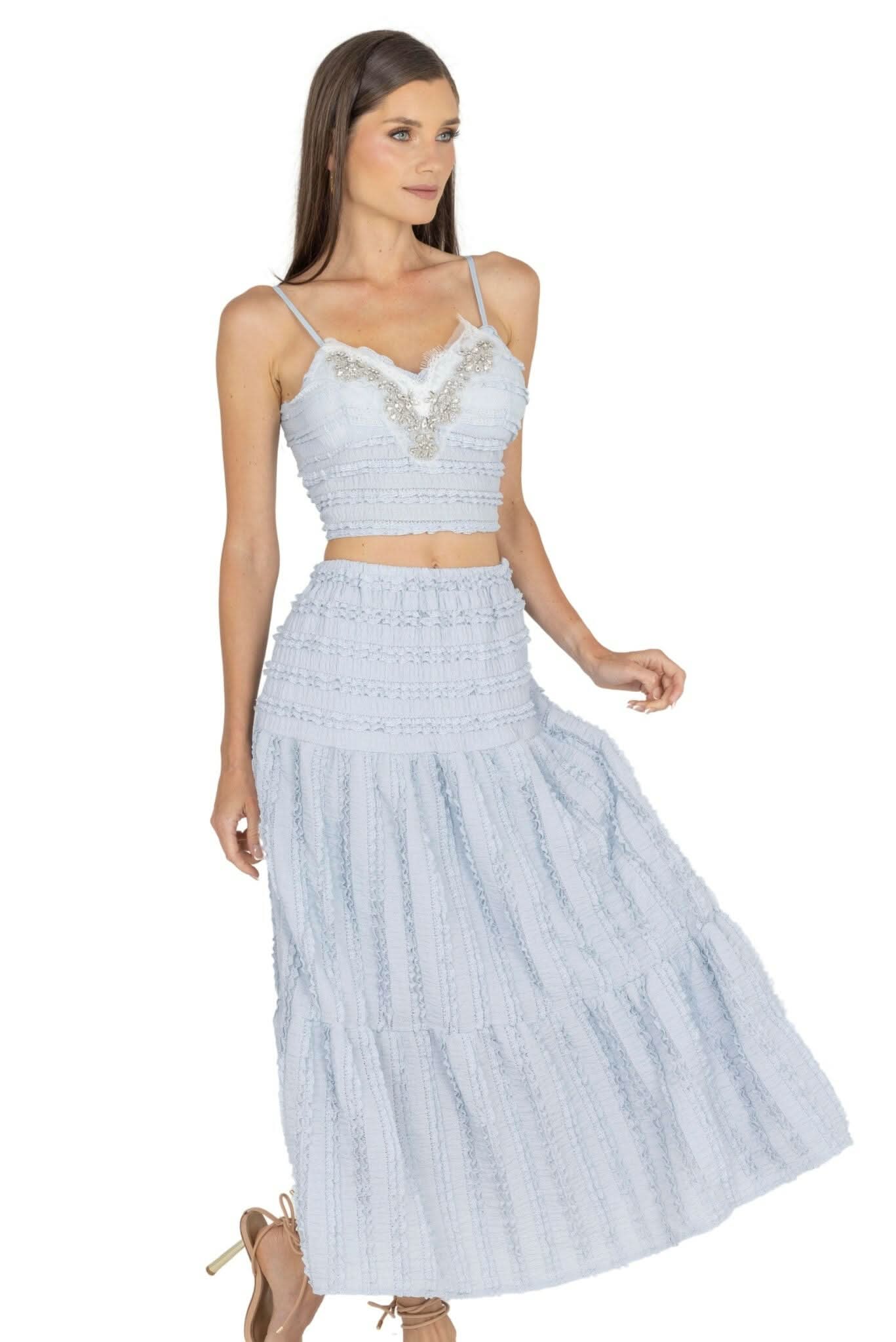 Light blue lace cami crop top and tiered maxi skirt set