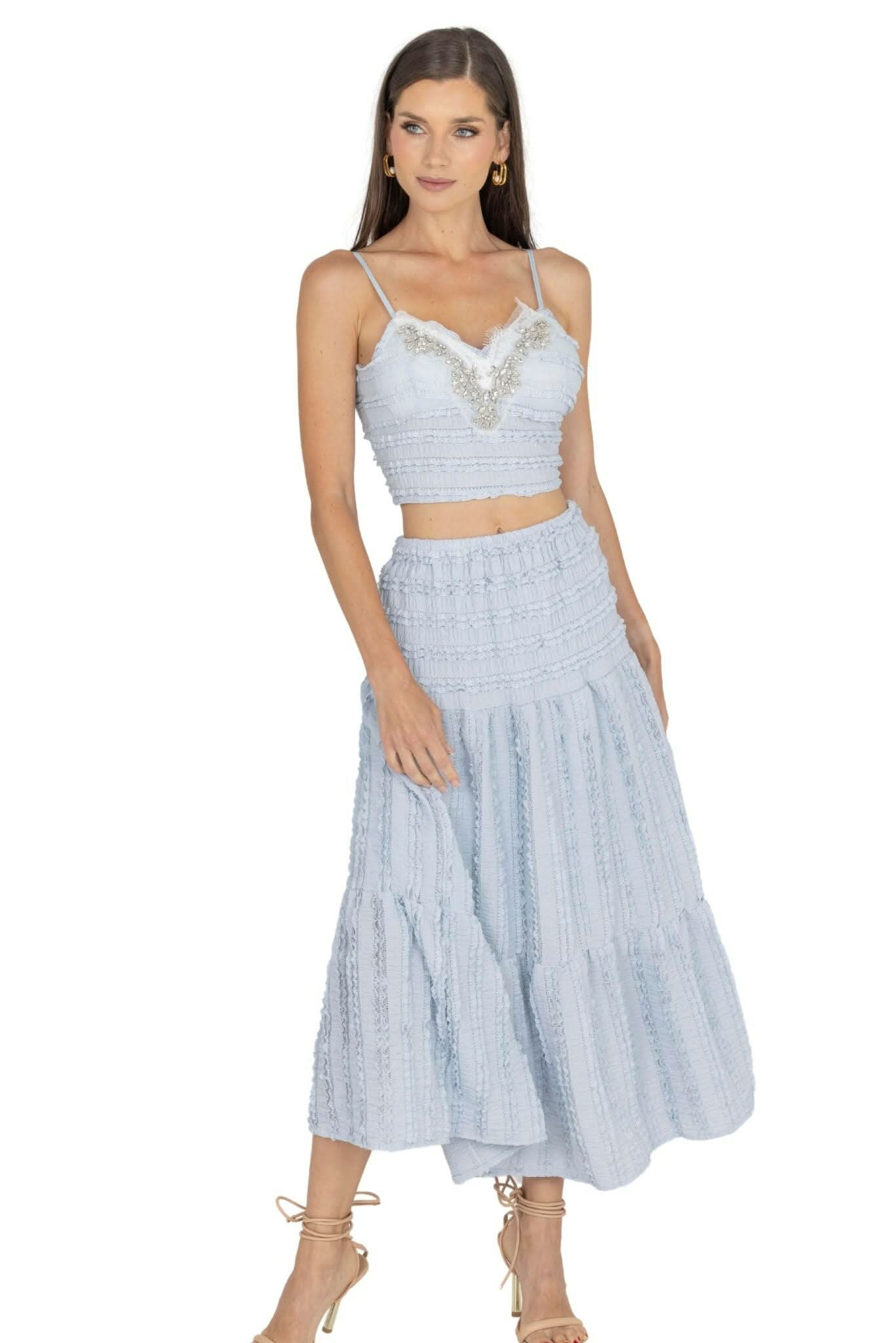Light blue lace cami crop top with tiered maxi skirt set