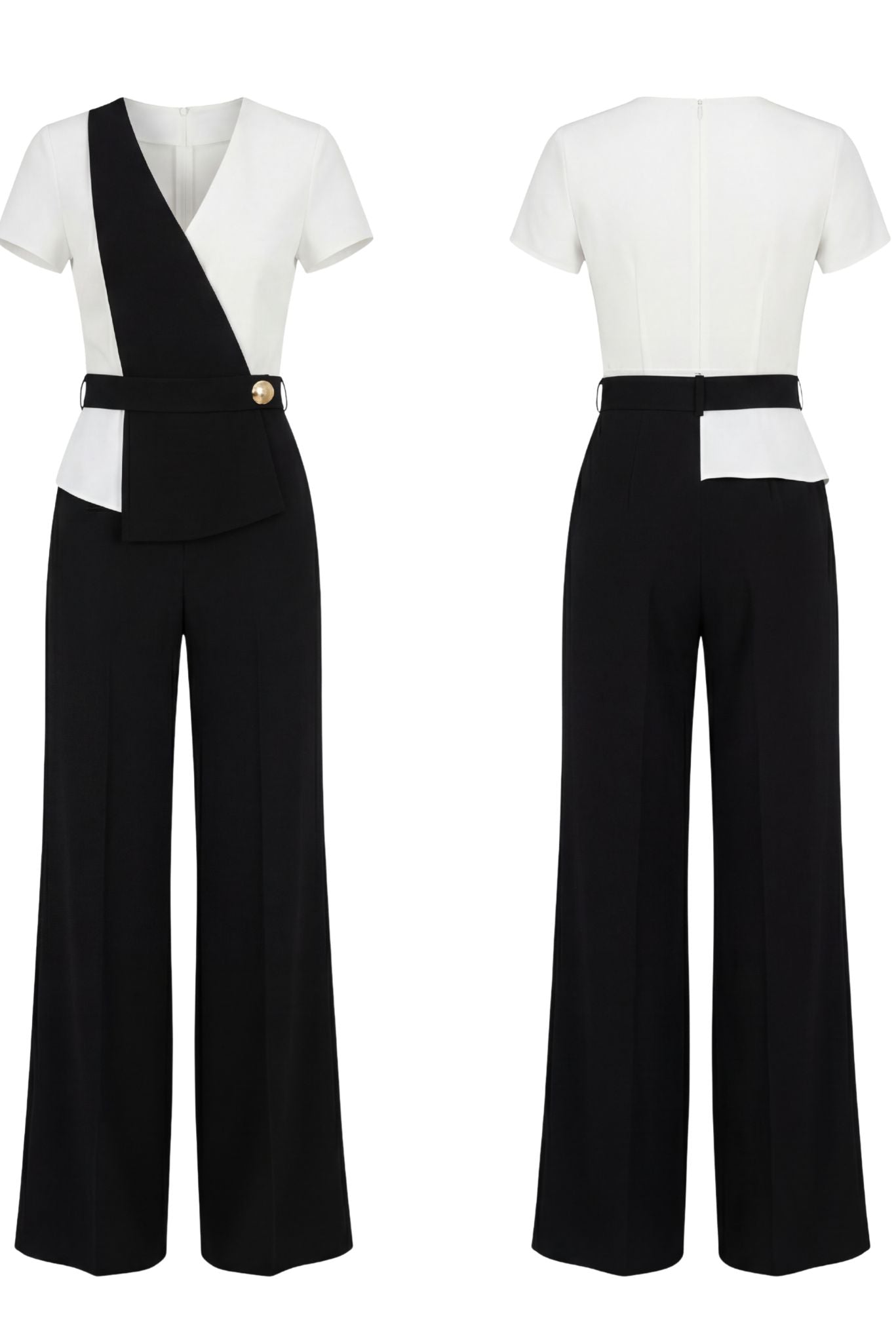 Two-tone jumpsuit front and back: white bodice, black diagonal panel, gold waist button