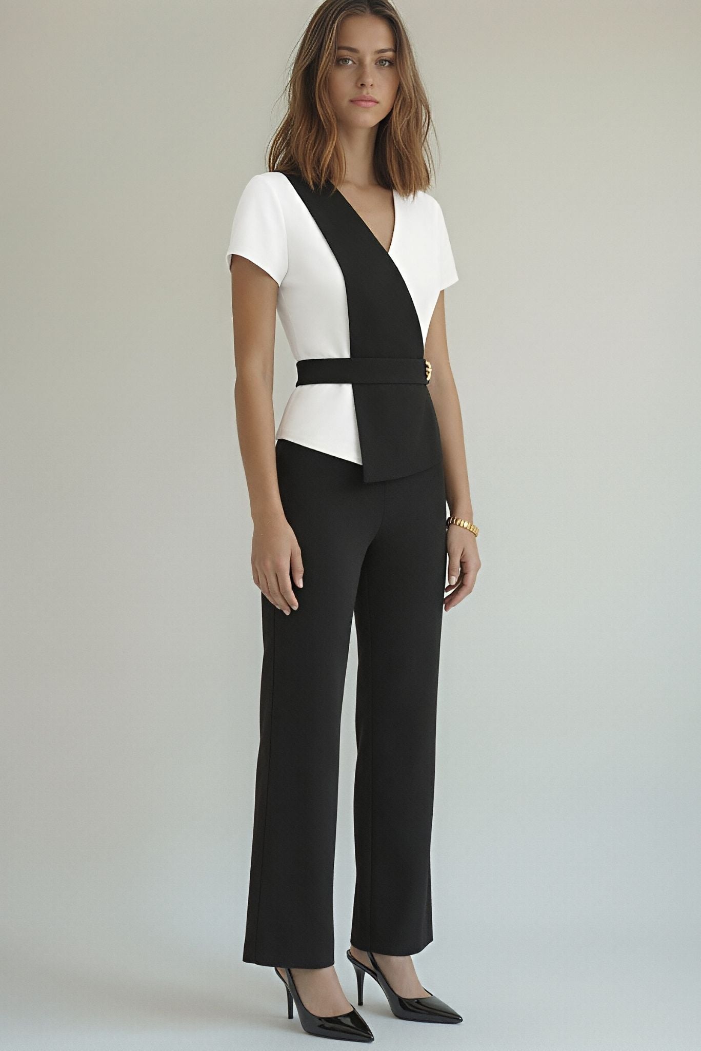 Two-tone V-neck jumpsuit: white sleeves, black wide-leg legs, gold waist button