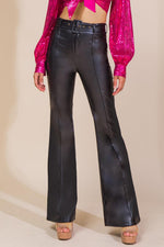 Black faux leather flare pants with high waist, belt loops, front zip fly.
