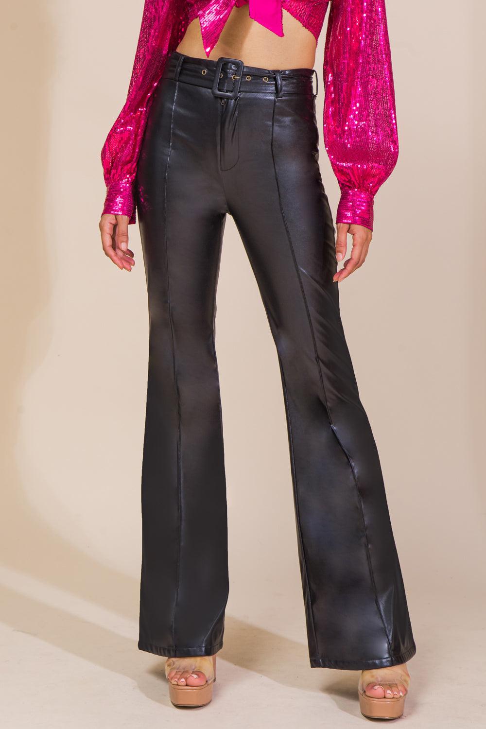 Black faux leather flare pants with high waist, belt loops, front zip fly.