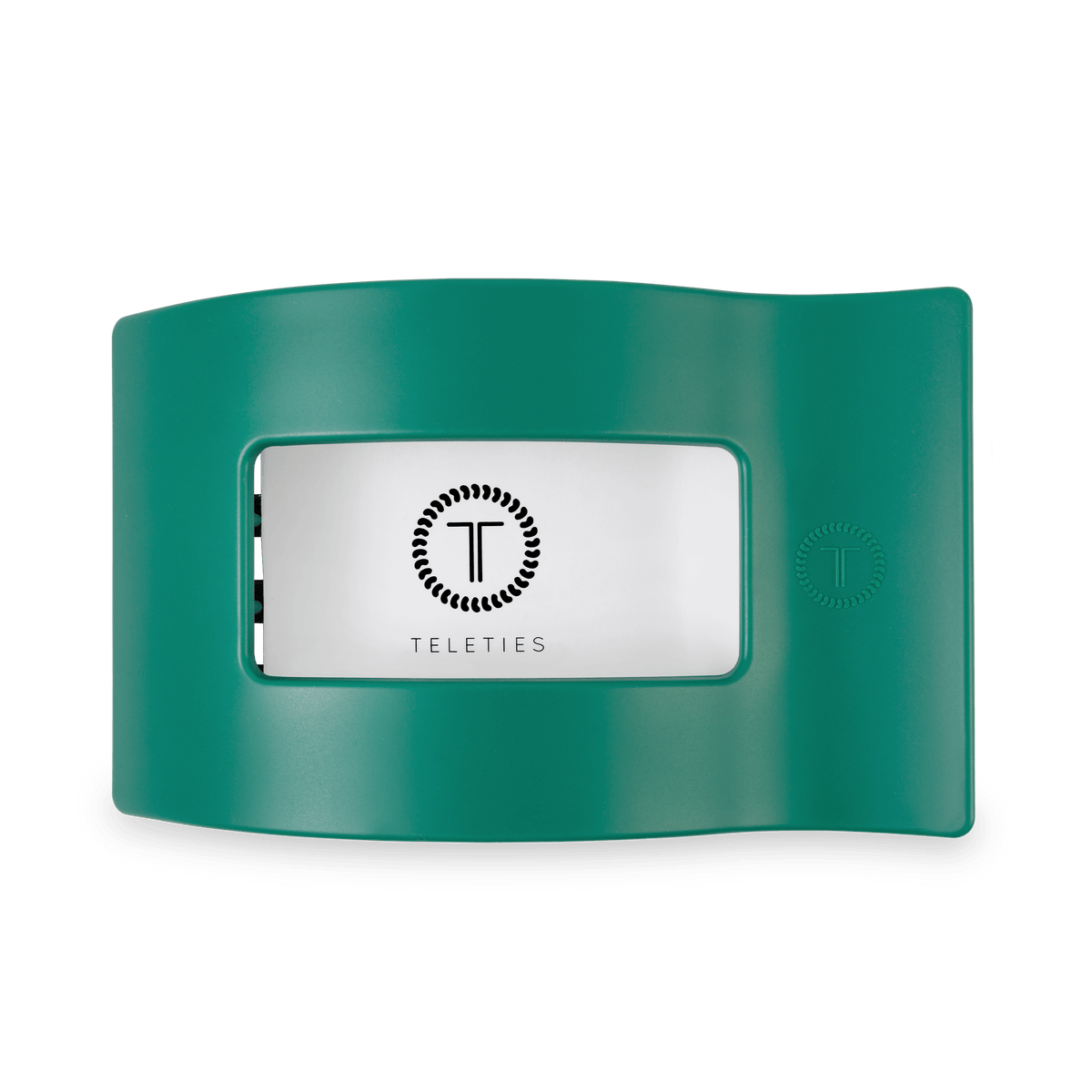 Large rectangular hair clip in teal green with front logo panel