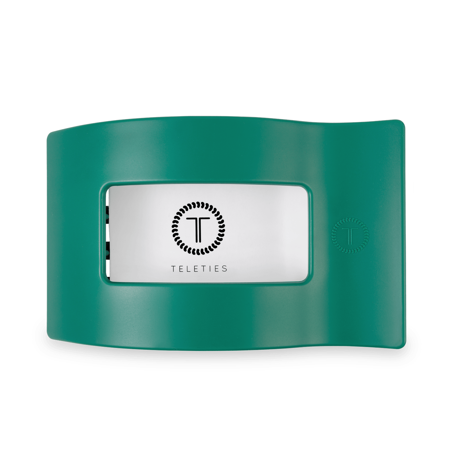 Large rectangular hair clip in teal green with front logo panel