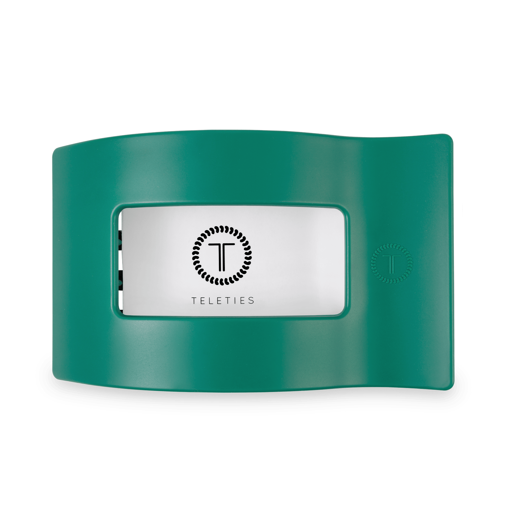 Large rectangular hair clip in teal green with front logo panel