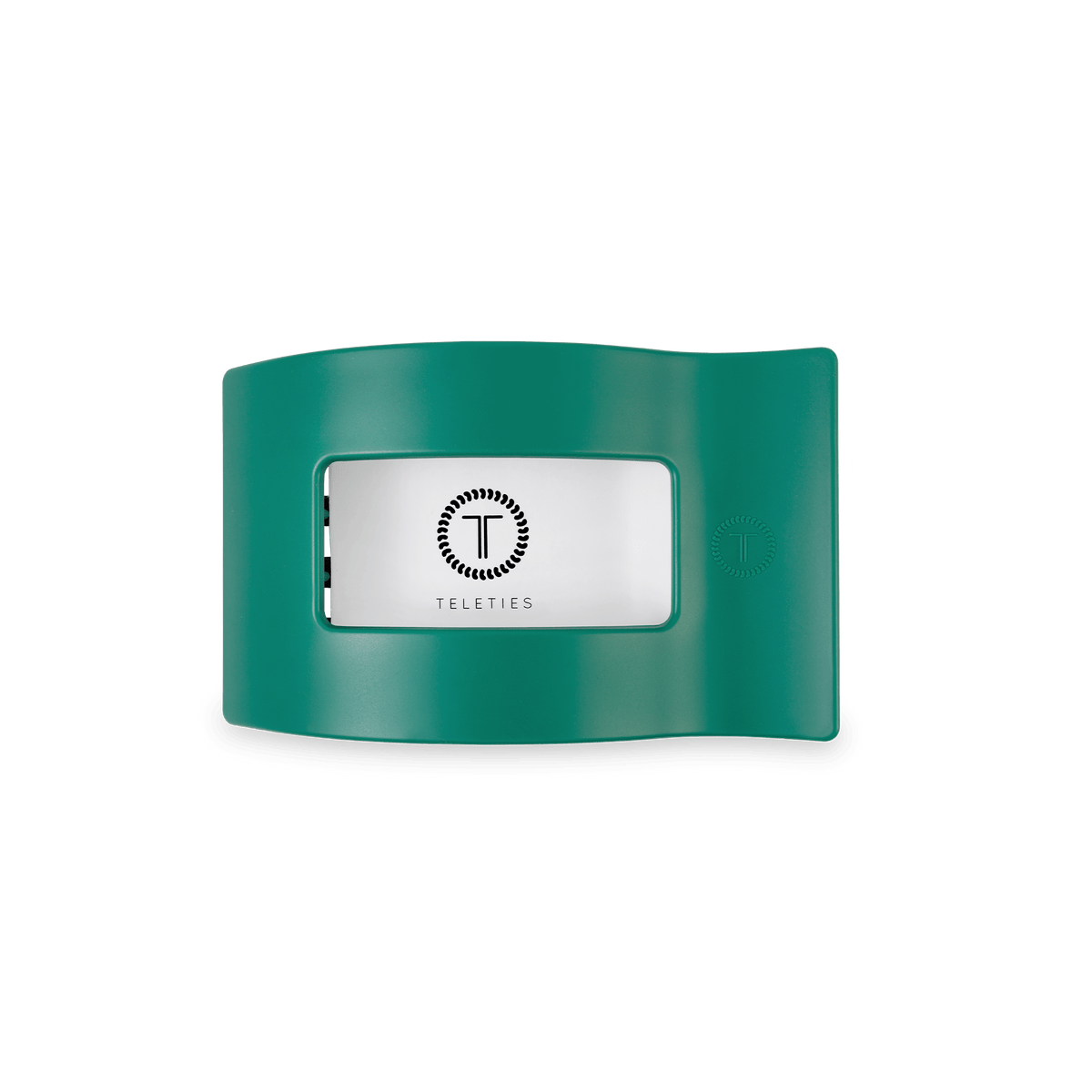 Fir Real small flat rectangle hair clip, teal back with white logo label