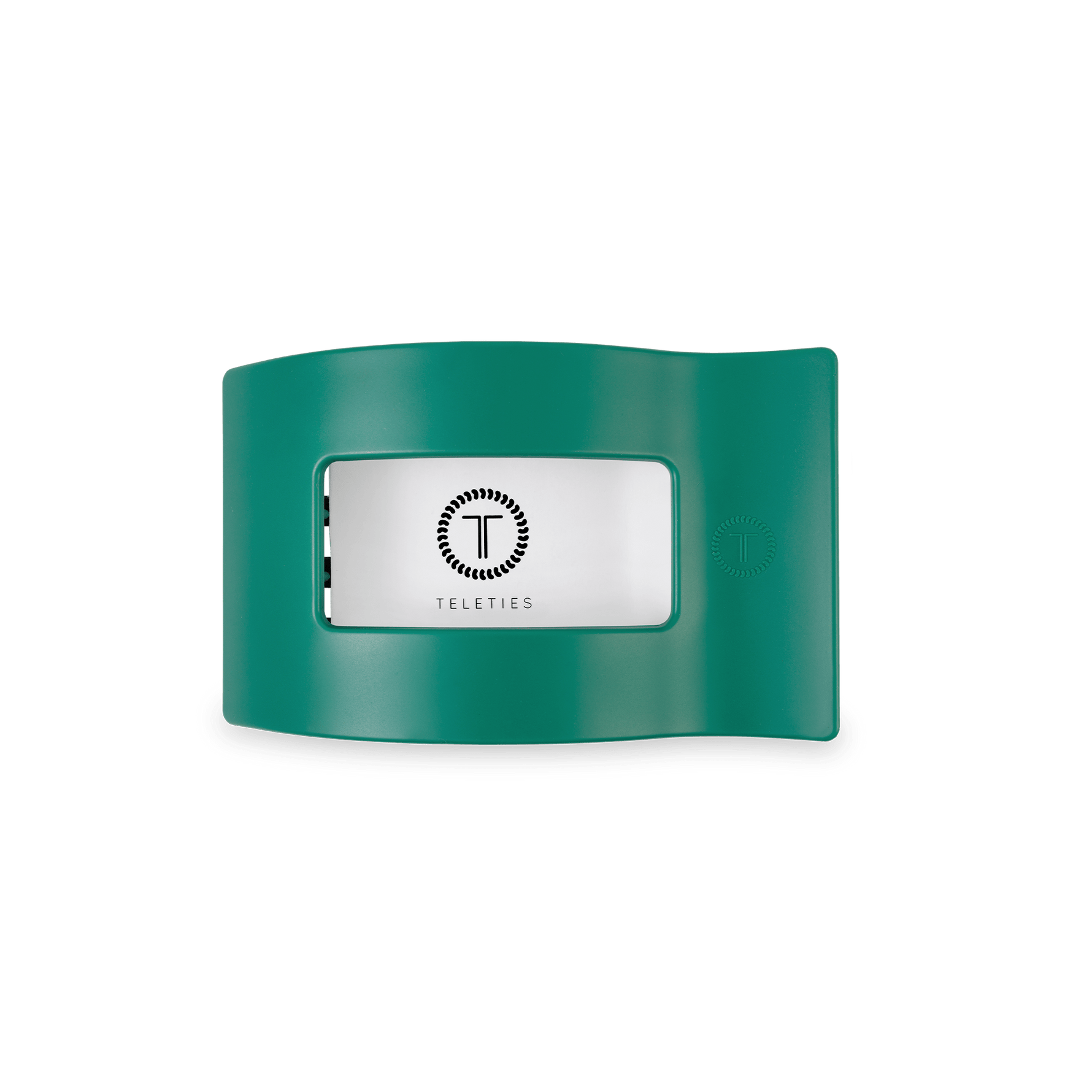 Fir Real small flat rectangle hair clip, teal back with white logo label