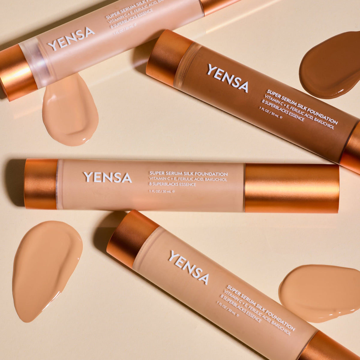YENSA liquid foundation tubes with multiple shade swatches on a tray