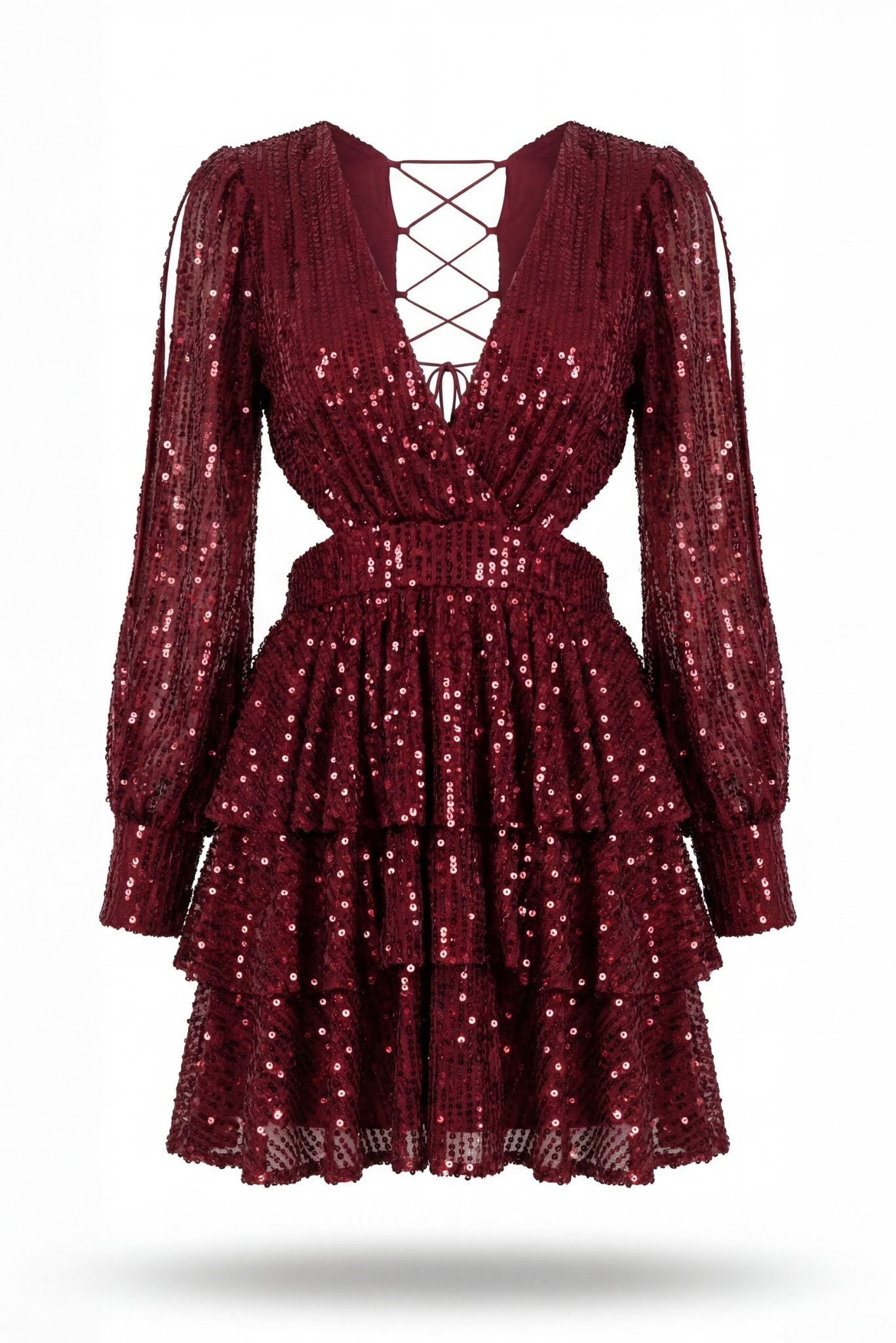 Freja flare dress back with crisscross lace-up, maroon sequins, long sleeves, tiered hem
